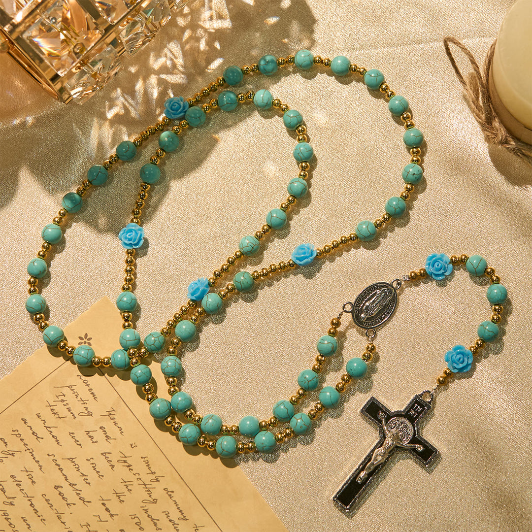 Christianartworkshop Eleganter Rosenkranz mit roten und blauen Rosen und türkisfarbenen Perlen: Gesegnet von Unserer Lieben Frau und dem Heiligen Benedikt - Blaue Rose - image 11