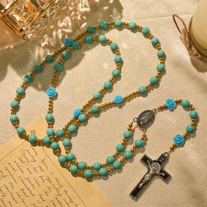 Christianartworkshop Eleganter Rosenkranz mit roten und blauen Rosen und türkisfarbenen Perlen: Gesegnet von Unserer Lieben Frau und dem Heiligen Benedikt - Blaue Rose - image 11