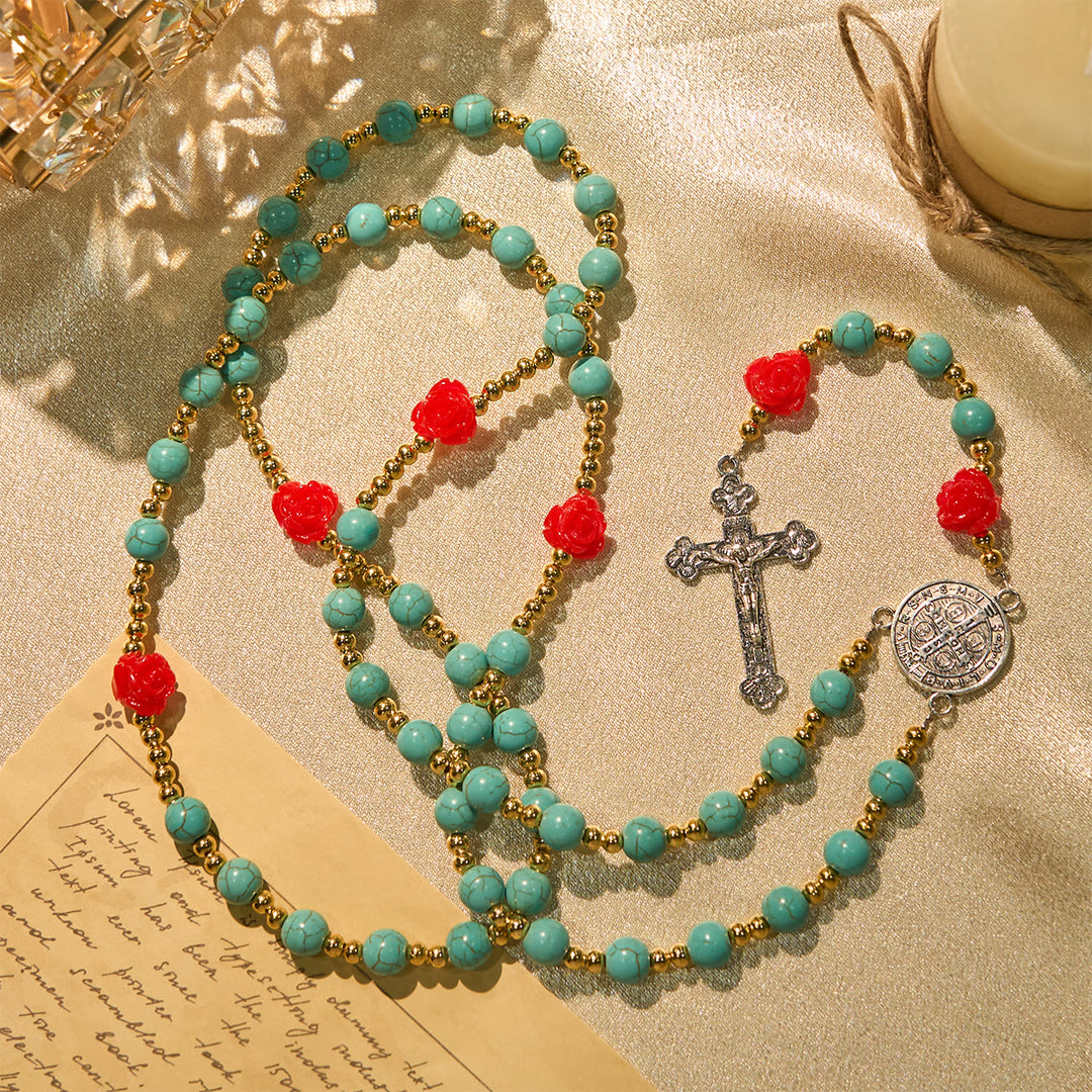 Christianartworkshop Eleganter Rosenkranz mit roten und blauen Rosen und türkisfarbenen Perlen: Gesegnet von Unserer Lieben Frau und dem Heiligen Benedikt - Rote Rose - image 0