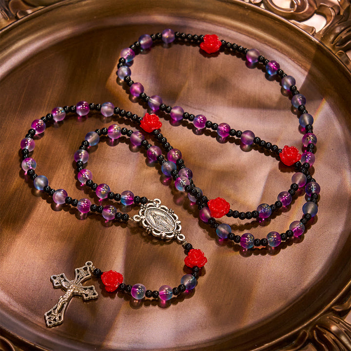 Christianartworkshop Mystischer Rosenkranz aus mattierten lila-blauen Perlen mit roten Rosen und wundertätiger Medaille - image 7
