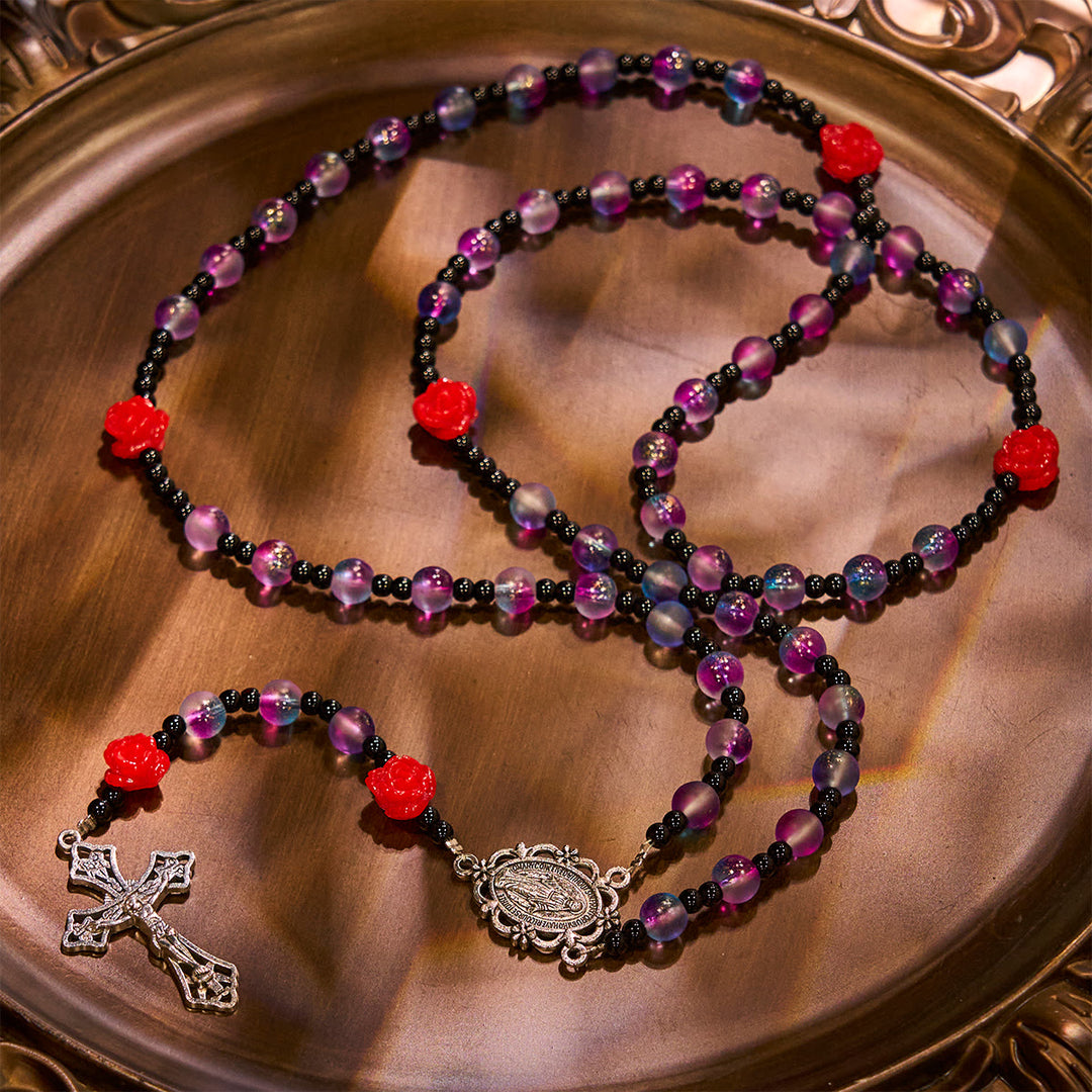 Christianartworkshop Mystischer Rosenkranz aus mattierten lila-blauen Perlen mit roten Rosen und wundertätiger Medaille - image 6
