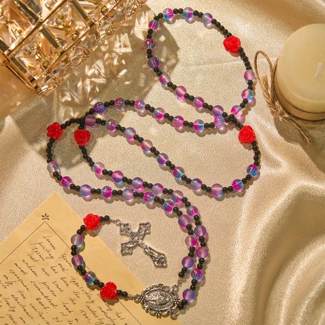 Christianartworkshop Mystischer Rosenkranz aus mattierten lila-blauen Perlen mit roten Rosen und wundertätiger Medaille - Lila - image 0