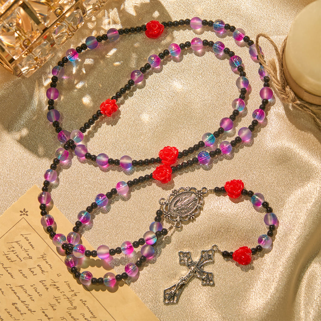 Christianartworkshop Mystischer Rosenkranz aus mattierten lila-blauen Perlen mit roten Rosen und wundertätiger Medaille - image 3