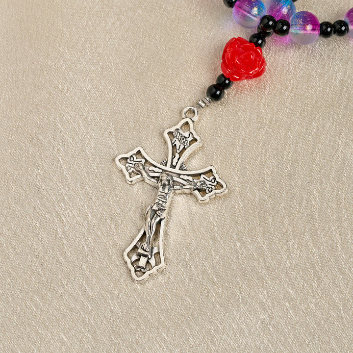 Christianartworkshop Mystischer Rosenkranz aus mattierten lila-blauen Perlen mit roten Rosen und wundertätiger Medaille - image 9