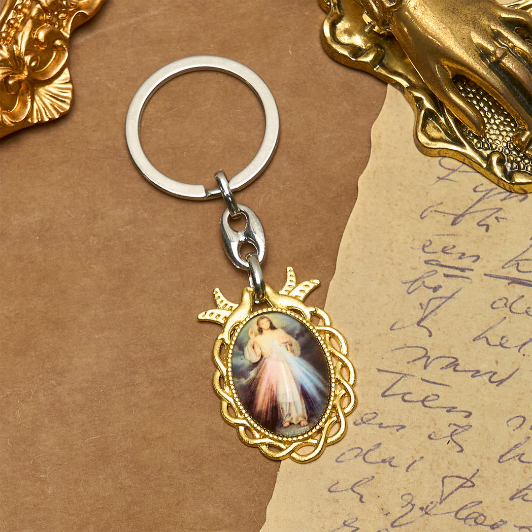 Christianartworkshop Goldener Rahmen Göttliche Barmherzigkeit Schlüsselanhänger mit Heiligem Geist Taube: Himmlisches Gnadenzeichen - image 2