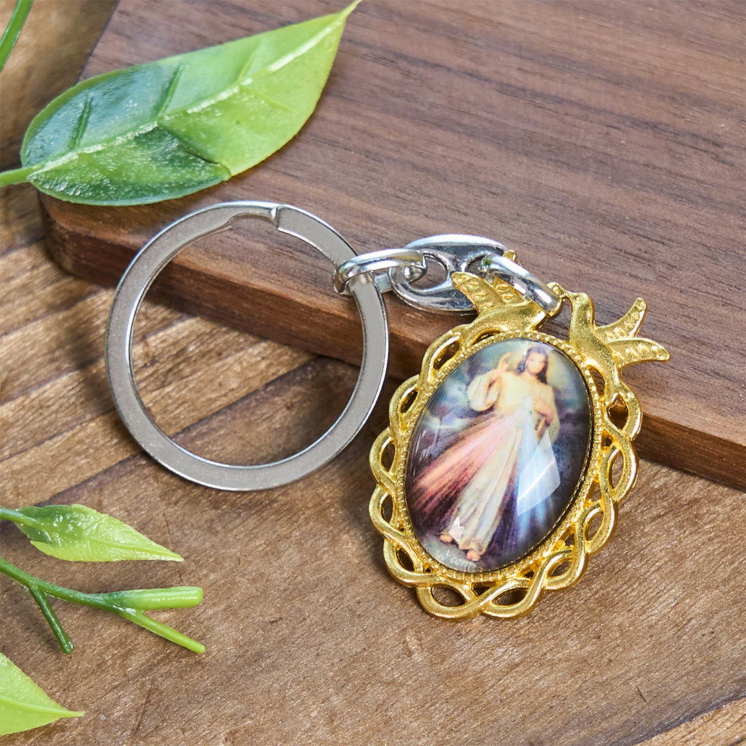 Christianartworkshop Goldener Rahmen Göttliche Barmherzigkeit Schlüsselanhänger mit Heiligem Geist Taube: Himmlisches Gnadenzeichen - Jesus-Ikone - image 0