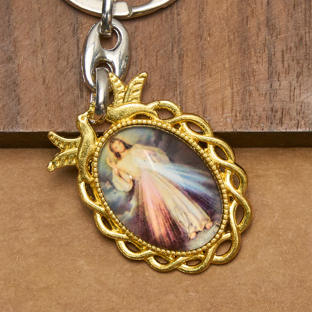 Christianartworkshop Goldener Rahmen Göttliche Barmherzigkeit Schlüsselanhänger mit Heiligem Geist Taube: Himmlisches Gnadenzeichen - image 1