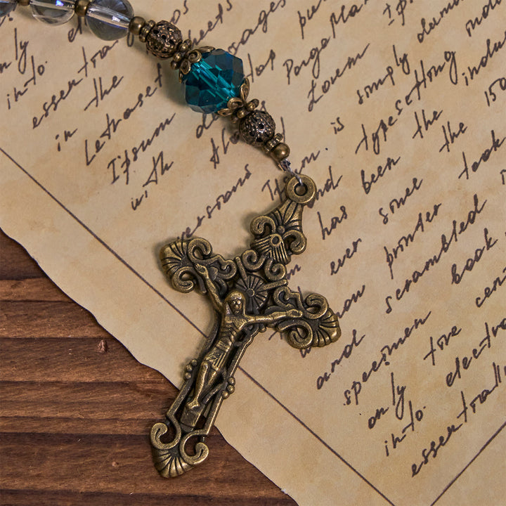 Christianartworkshop Rosenkranz aus schimmerndem, laserblauem Kristall mit Wundertätiger Medaille aus antiker Bronze - image 6
