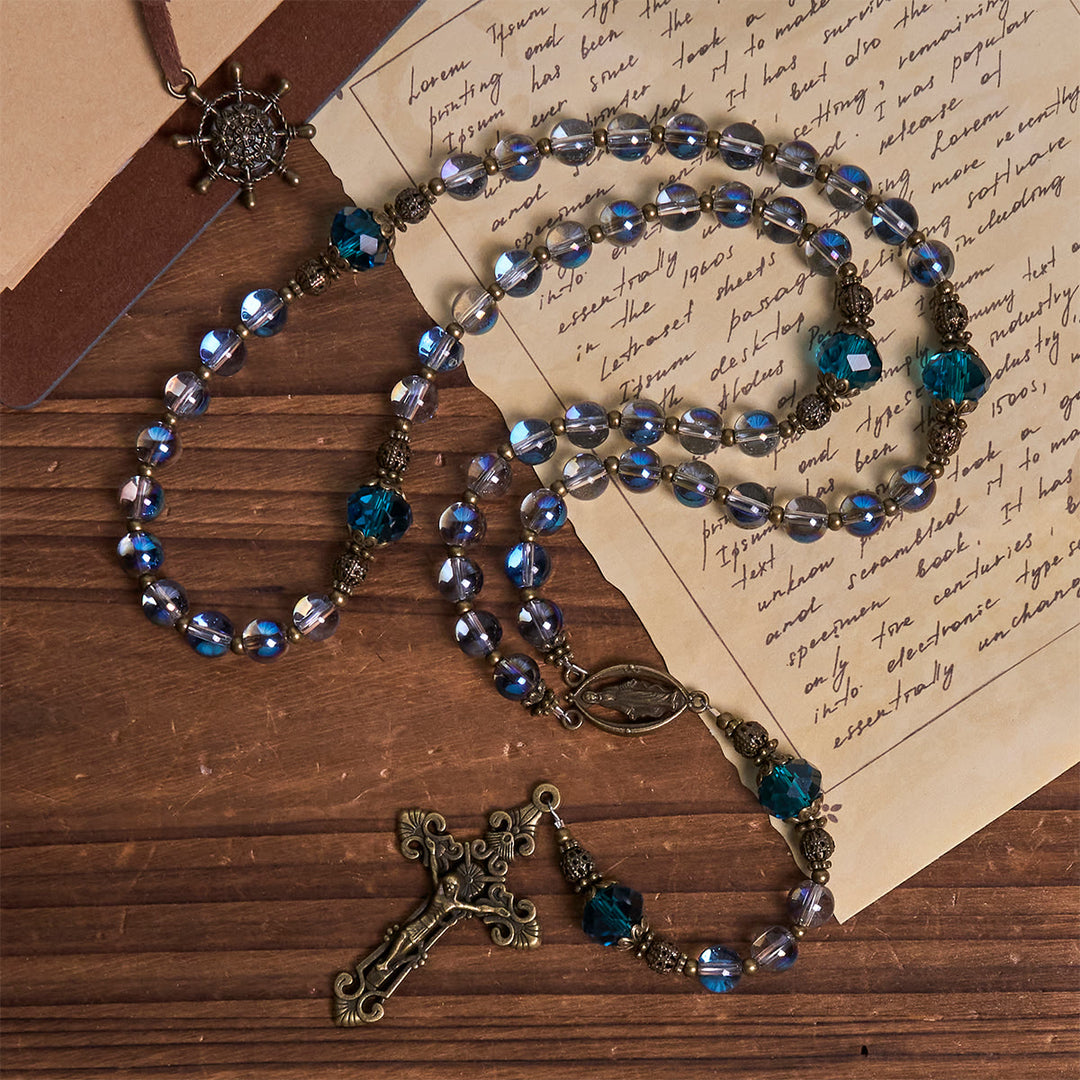 Christianartworkshop Rosenkranz aus schimmerndem, laserblauem Kristall mit Wundertätiger Medaille aus antiker Bronze - Unsere Liebe Frau - image 1