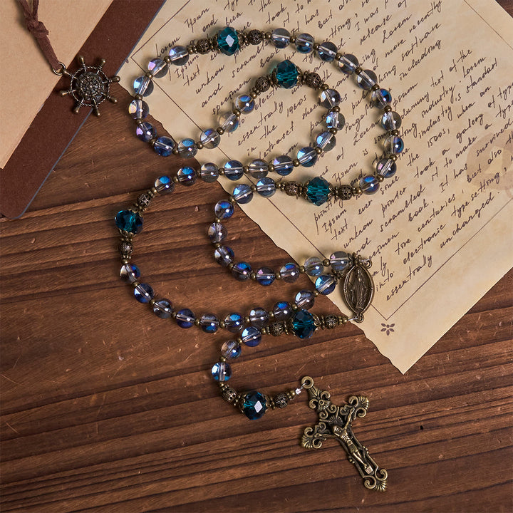 Christianartworkshop Rosenkranz aus schimmerndem, laserblauem Kristall mit Wundertätiger Medaille aus antiker Bronze - image 3