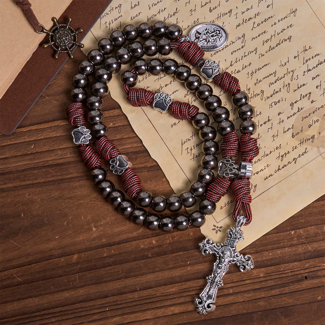 Christianartworkshop Robuster Rosenkranz aus Paracord mit bronzefarbenen Perlen, Pfotenanhängern und St. Michael - image 2