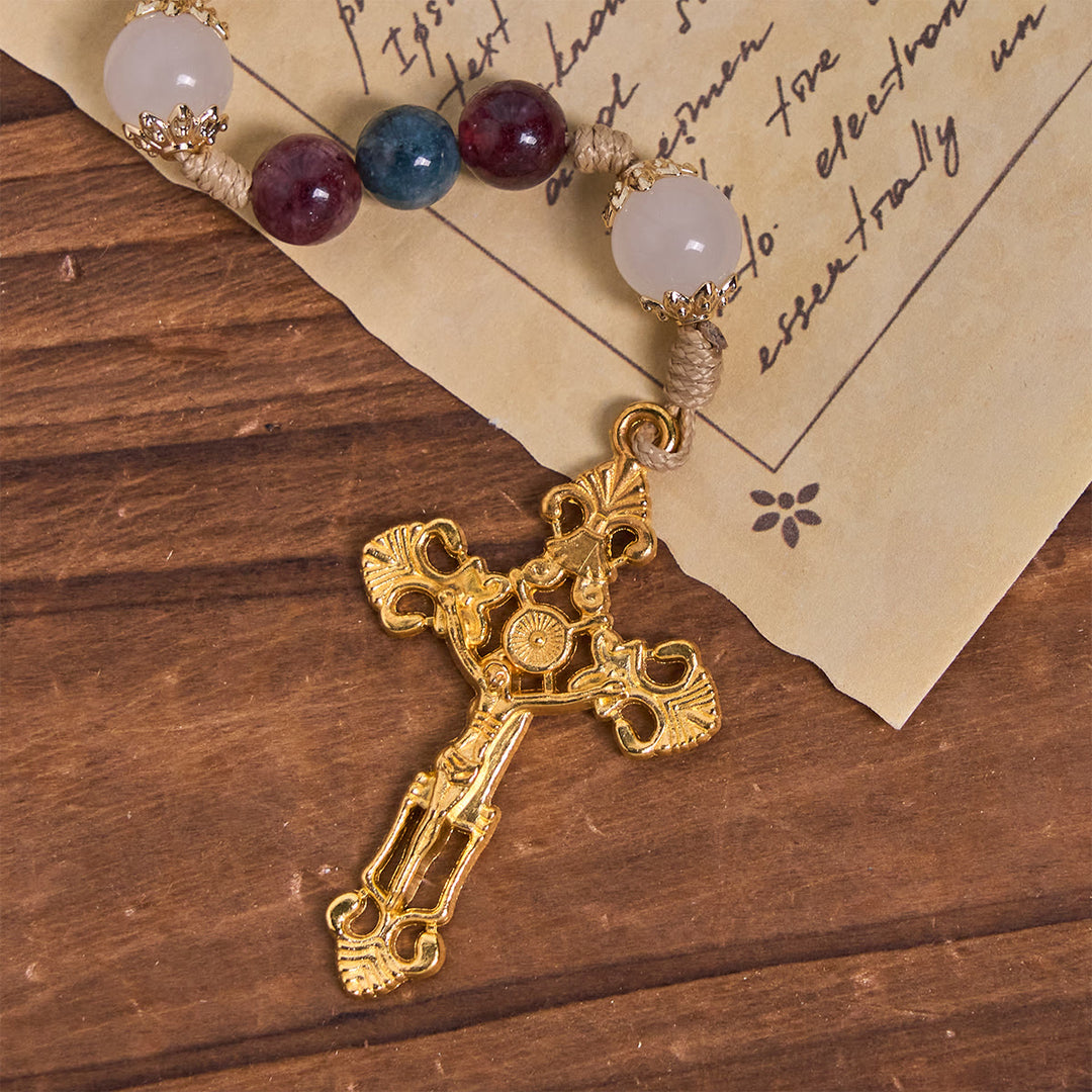 Christianartworkshop Rosenkranz aus bunten Turmalinperlen mit quadratischer Göttlicher Barmherzigkeit und goldenem Kruzifix - image 8
