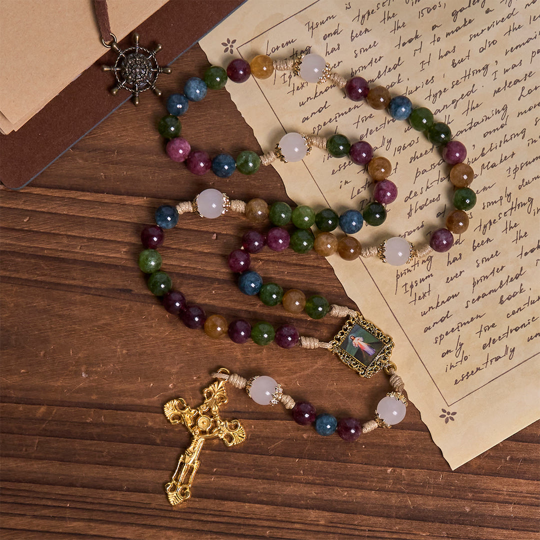 Christianartworkshop Rosenkranz aus bunten Turmalinperlen mit quadratischer Göttlicher Barmherzigkeit und goldenem Kruzifix - image 5