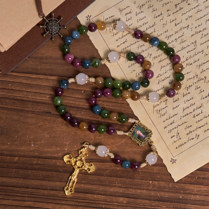 Christianartworkshop Rosenkranz aus bunten Turmalinperlen mit quadratischer Göttlicher Barmherzigkeit und goldenem Kruzifix - image 5