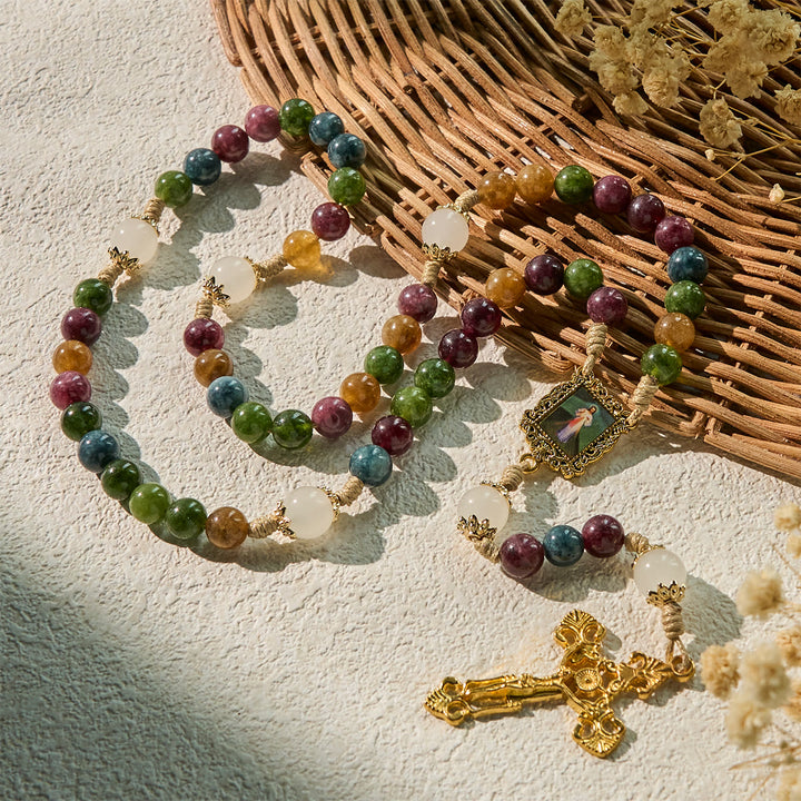 Christianartworkshop Rosenkranz aus bunten Turmalinperlen mit quadratischer Göttlicher Barmherzigkeit und goldenem Kruzifix - image 3