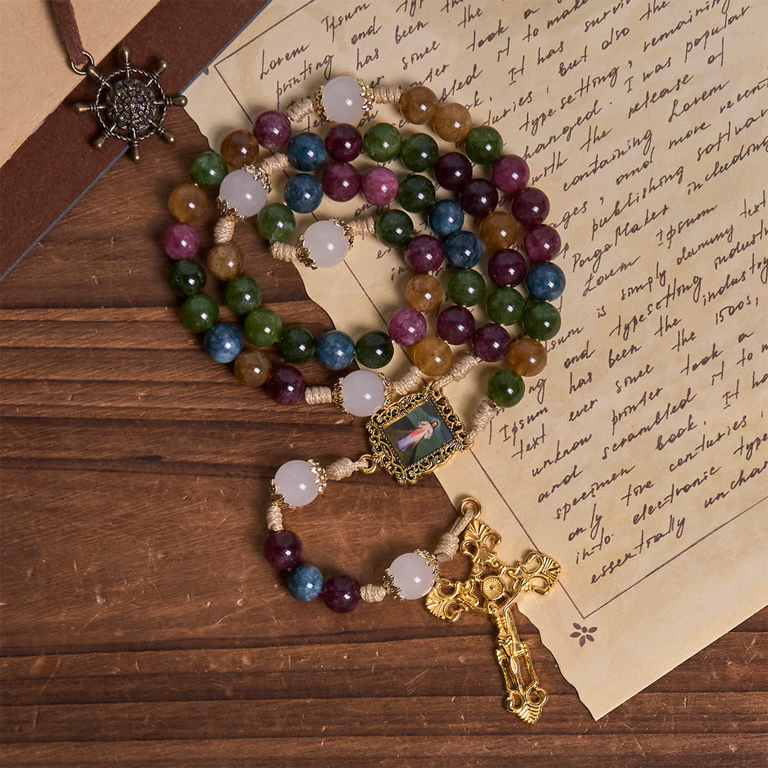 Christianartworkshop Rosenkranz aus bunten Turmalinperlen mit quadratischer Göttlicher Barmherzigkeit und goldenem Kruzifix - image 6