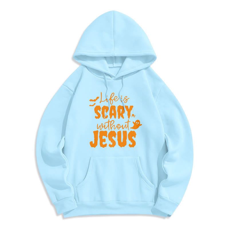 Christianartworkshop Das Leben ist beängstigend ohne Jesus. Polyester-Kapuzenpullover mit Fleecefutter - Blau - 2XL - image 4