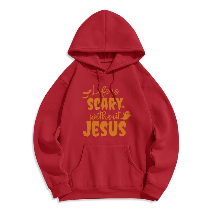 Christianartworkshop Das Leben ist beängstigend ohne Jesus. Polyester-Kapuzenpullover mit Fleecefutter - Rot - 2XL - image 7
