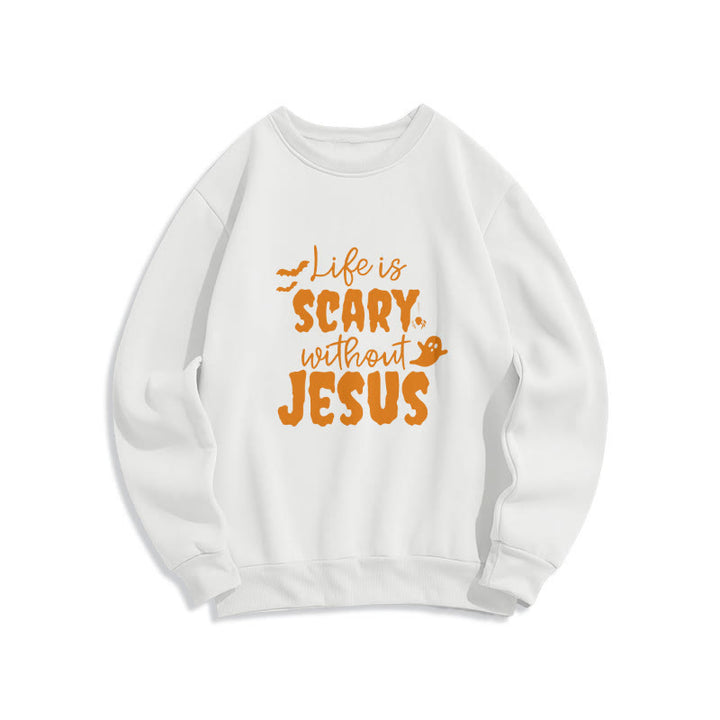 Christianartworkshop „Das Leben ist beängstigend ohne Jesus“ Fleecegefüttertes Polyester-Sweatshirt - Weiß - 2XL - image 0