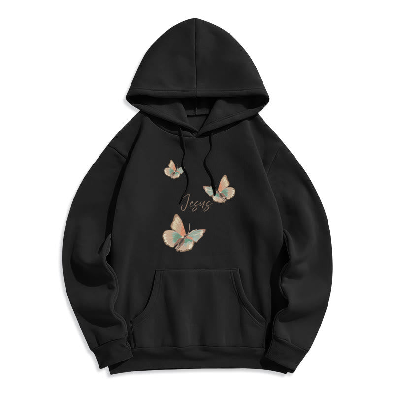 Christianartworkshop Gentle Style Butterfly Whisper of Jesus Fleece-gefütterter Polyester-Kapuzenpullover - Schwarz - 2XL - image 6