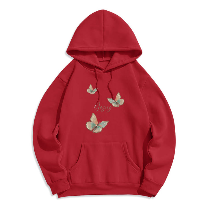 Christianartworkshop Gentle Style Butterfly Whisper of Jesus Fleece-gefütterter Polyester-Kapuzenpullover - Rot - 2XL - image 6