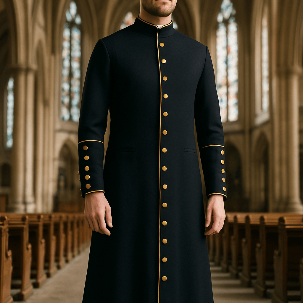Christianartworkshop Klassische, mehrfarbige Priesterrobe mit Kontrastbesatz und mittelalterlicher Eleganz - Schwarz mit Goldbesatz - 3XL - image 1