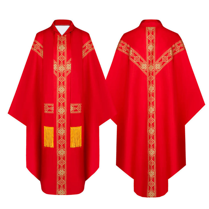 Mittelalterlicher Priestermantel von Christianartworkshop mit goldenen religiösen Mustern - Rot - Einheitsgröße (Länge 130 cm) - image 0