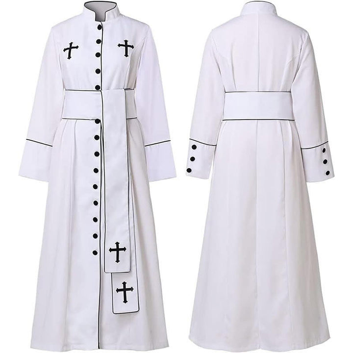 Christianartworkshop Zeremonielle schwarz-weiße Priesterrobe mit Stehkragen, Gürtel und Kreuzmotiven - image 4