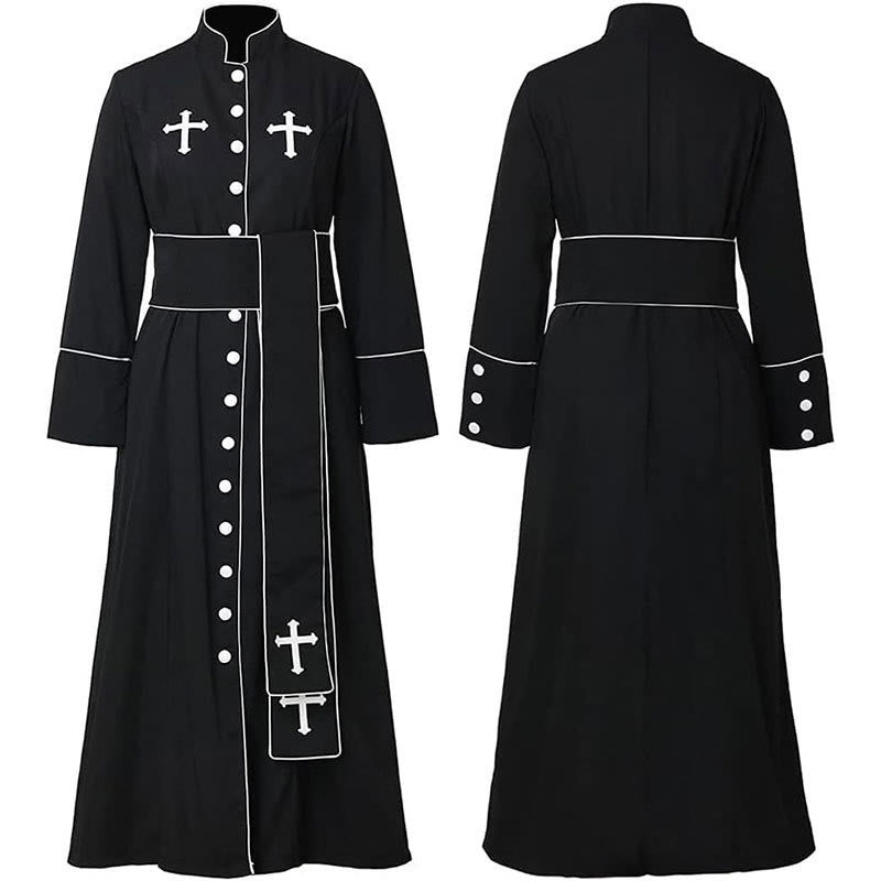 Christianartworkshop Zeremonielle schwarz-weiße Priesterrobe mit Stehkragen, Gürtel und Kreuzmotiven - Schwarz - 3XL - image 10