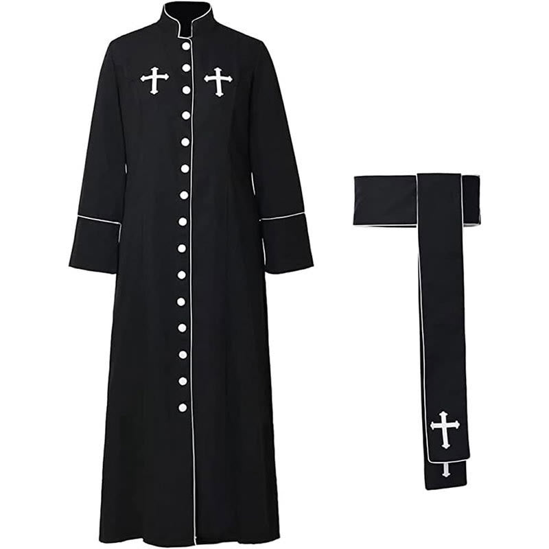 Christianartworkshop Zeremonielle schwarz-weiße Priesterrobe mit Stehkragen, Gürtel und Kreuzmotiven - image 11