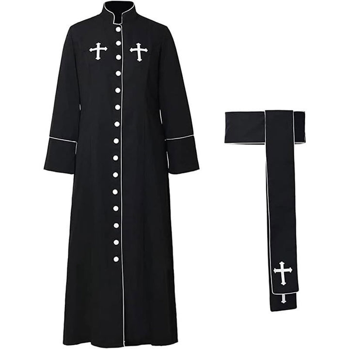 Christianartworkshop Zeremonielle schwarz-weiße Priesterrobe mit Stehkragen, Gürtel und Kreuzmotiven - image 11