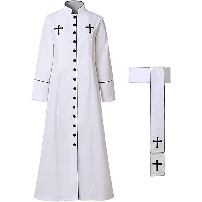 Christianartworkshop Zeremonielle schwarz-weiße Priesterrobe mit Stehkragen, Gürtel und Kreuzmotiven - image 3