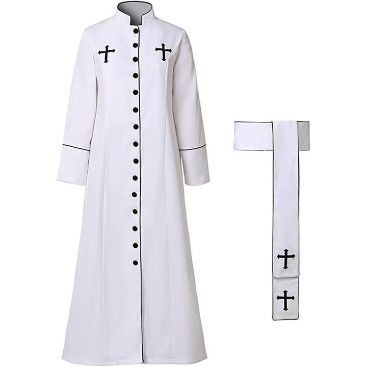 Christianartworkshop Zeremonielle schwarz-weiße Priesterrobe mit Stehkragen, Gürtel und Kreuzmotiven - image 3