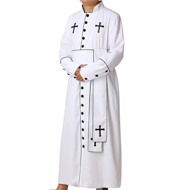 Christianartworkshop Zeremonielle schwarz-weiße Priesterrobe mit Stehkragen, Gürtel und Kreuzmotiven - image 6