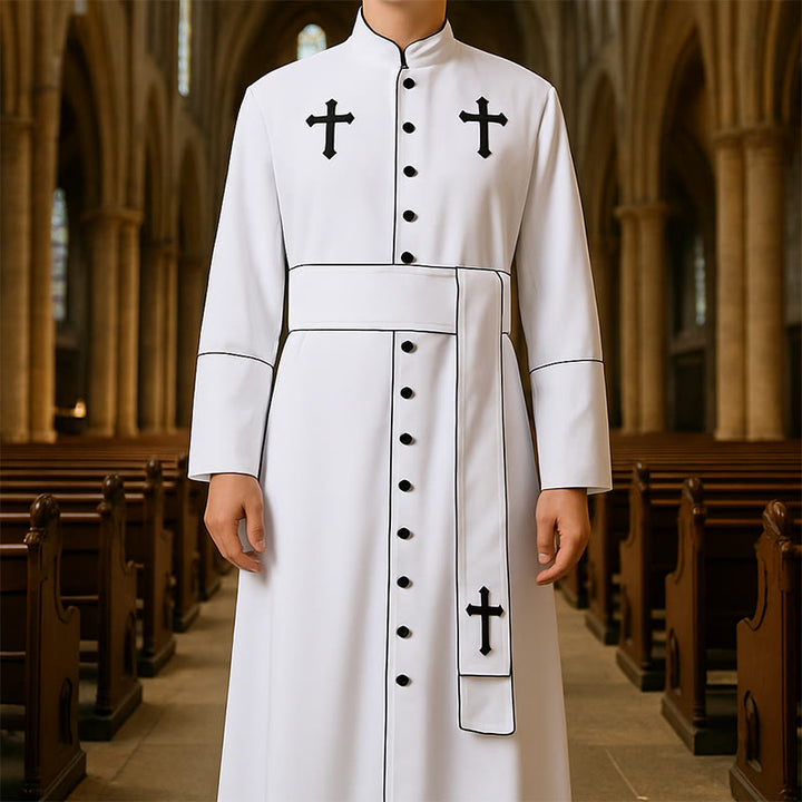 Christianartworkshop Zeremonielle schwarz-weiße Priesterrobe mit Stehkragen, Gürtel und Kreuzmotiven - Weiß - 3XL - image 1