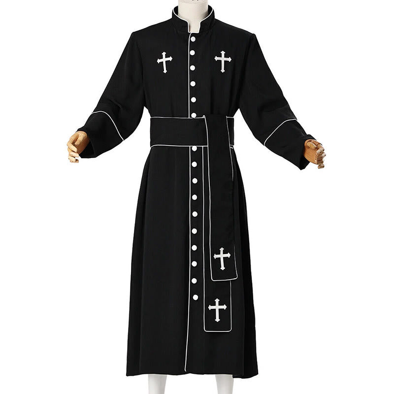 Zeremonielle, schwarz-weiße Stehkragen-Gewand-Soutane für Geistliche von Christianartworkshop mit Gürtel und Kreuzmotiven - image 11
