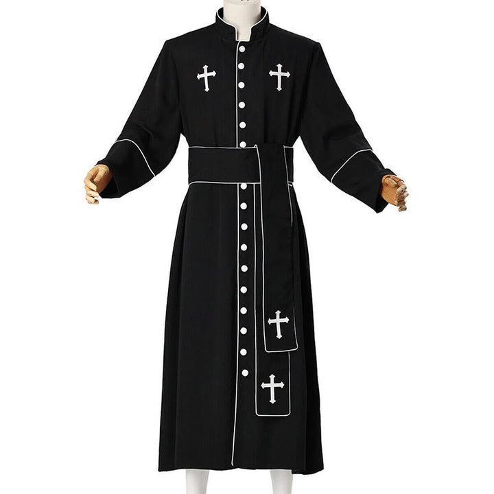 Zeremonielle, schwarz-weiße Stehkragen-Gewand-Soutane für Geistliche von Christianartworkshop mit Gürtel und Kreuzmotiven - image 11