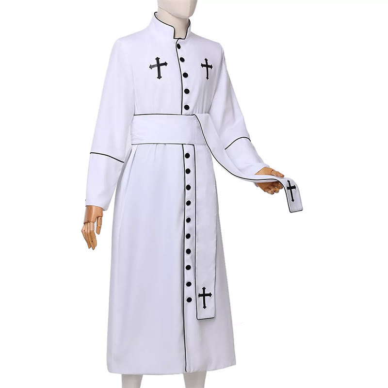 Christianartworkshop Zeremonielle schwarz-weiße Priesterrobe mit Stehkragen, Gürtel und Kreuzmotiven - image 7