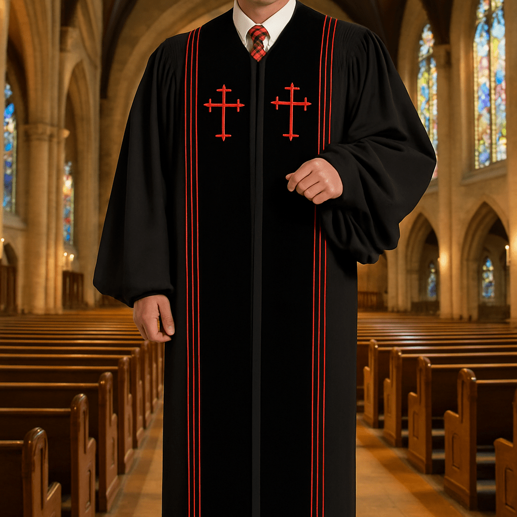 Christianartworkshop Traditionelle schwarze Priesterrobe mit Rotkreuz-Stickerei und formellem Design - Schwarz - 3XL - image 1