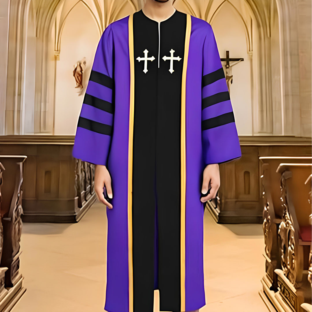 Christianartworkshop Verzierte violette Geistliche Robe mit goldenem Kreuz und gestreiftem Stil - Lila - 3XL - image 1