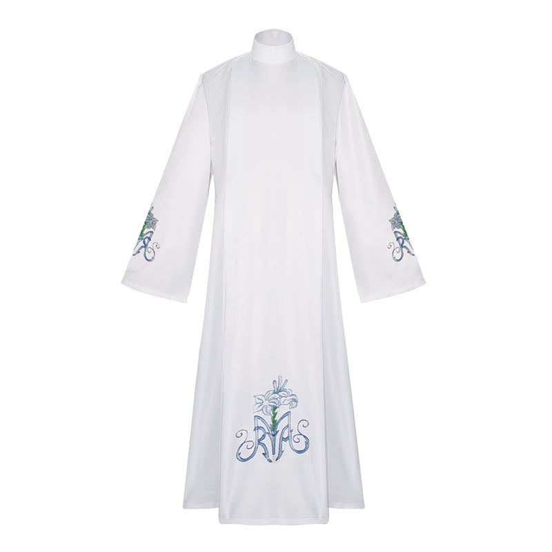 Christianartworkshop Anmutige weiße Priesterrobe mit hohem Kragen und blauem Lilien-Blumenmuster - image 4