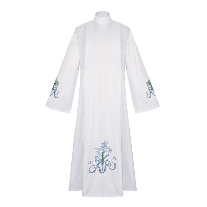 Christianartworkshop Anmutige weiße Priesterrobe mit hohem Kragen und blauem Lilien-Blumenmuster - image 4