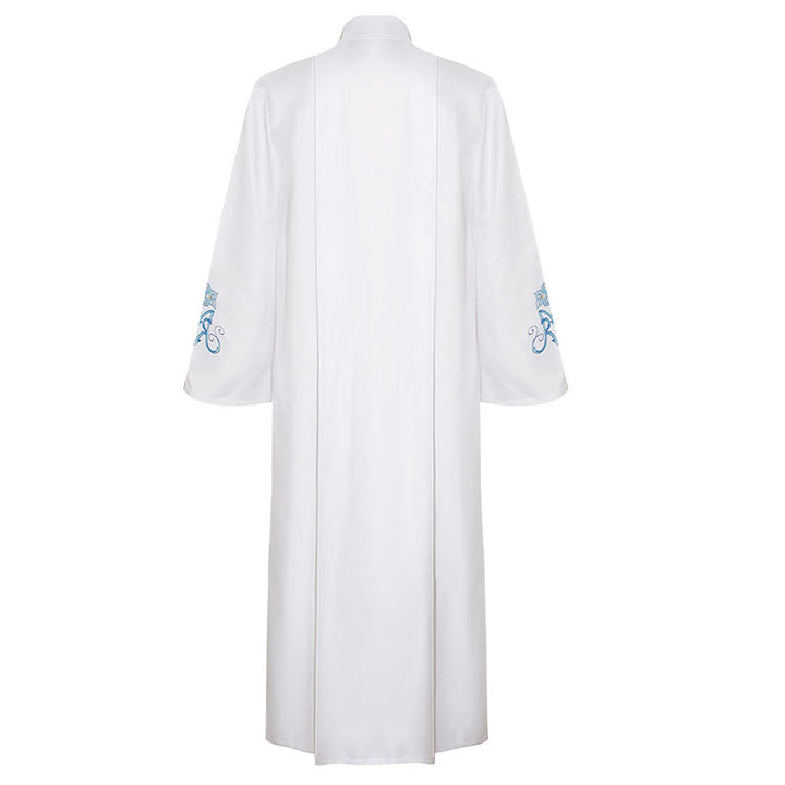 Christianartworkshop Anmutige weiße Priesterrobe mit hohem Kragen und blauem Lilien-Blumenmuster - image 4