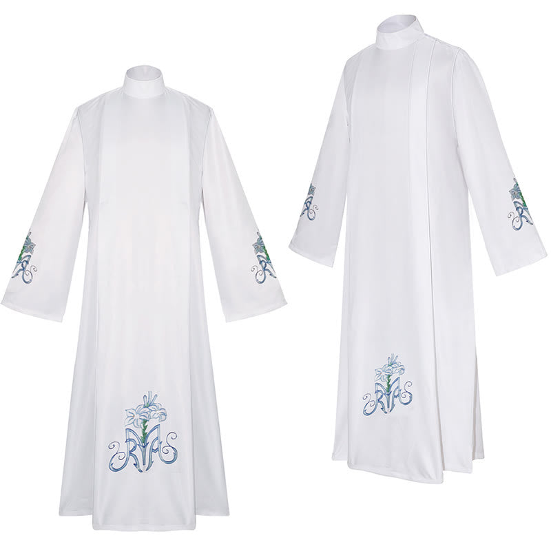 Christianartworkshop Anmutige weiße Priesterrobe mit hohem Kragen und blauem Lilien-Blumenmuster - image 3