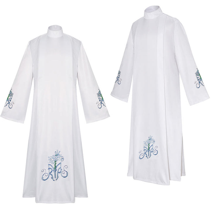 Christianartworkshop Anmutige weiße Priesterrobe mit hohem Kragen und blauem Lilien-Blumenmuster - image 3