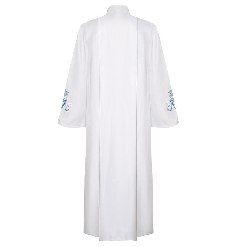 Christianartworkshop Anmutige weiße Priesterrobe mit hohem Kragen und blauem Lilien-Blumenmuster - image 5