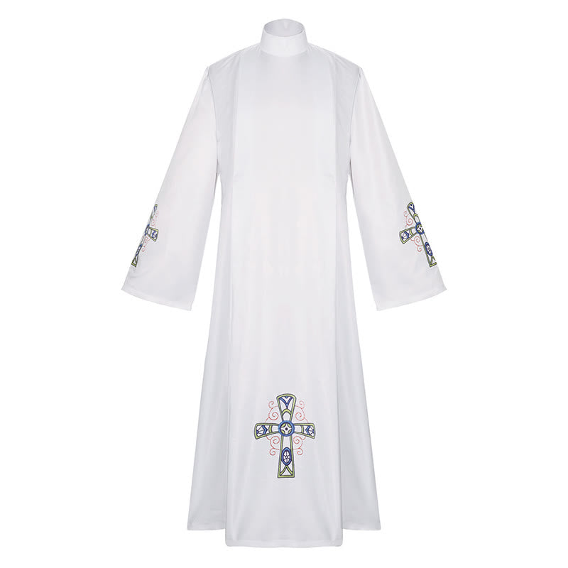 Christianartworkshop Traditionelle weiße Priesterrobe mit hohem Kragen und verziertem buntem Kreuz - image 4