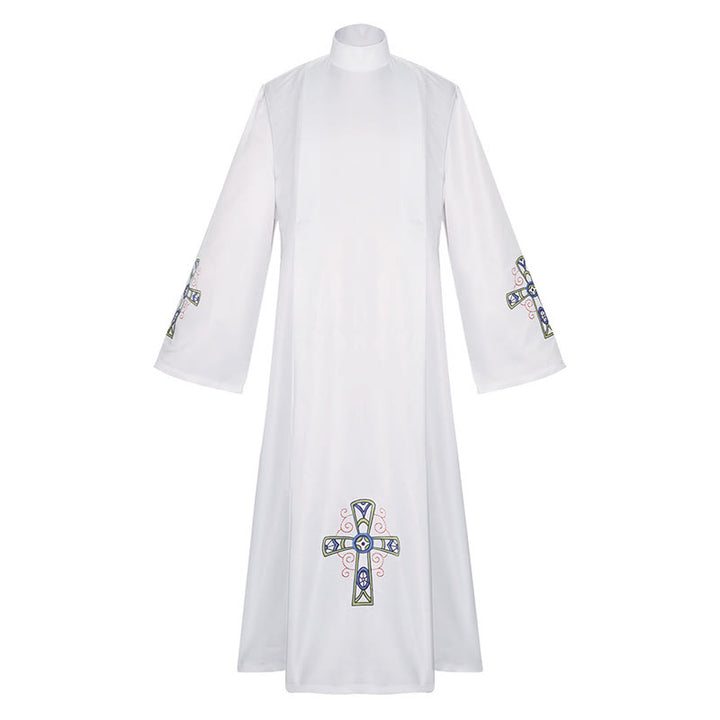 Traditionelle weiße Priesterkutte mit hohem Kragen und reich verziertem, farbenfrohem Kreuz von Christianartworkshop - image 2