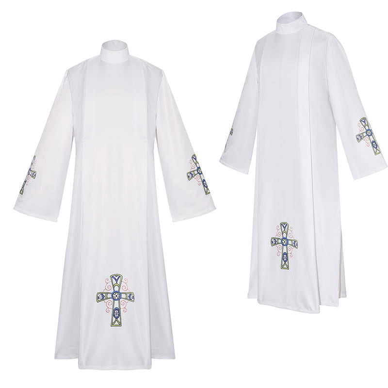 Traditionelle weiße Priesterkutte mit hohem Kragen und reich verziertem, farbenfrohem Kreuz von Christianartworkshop - Weiß - 3XL - image 1