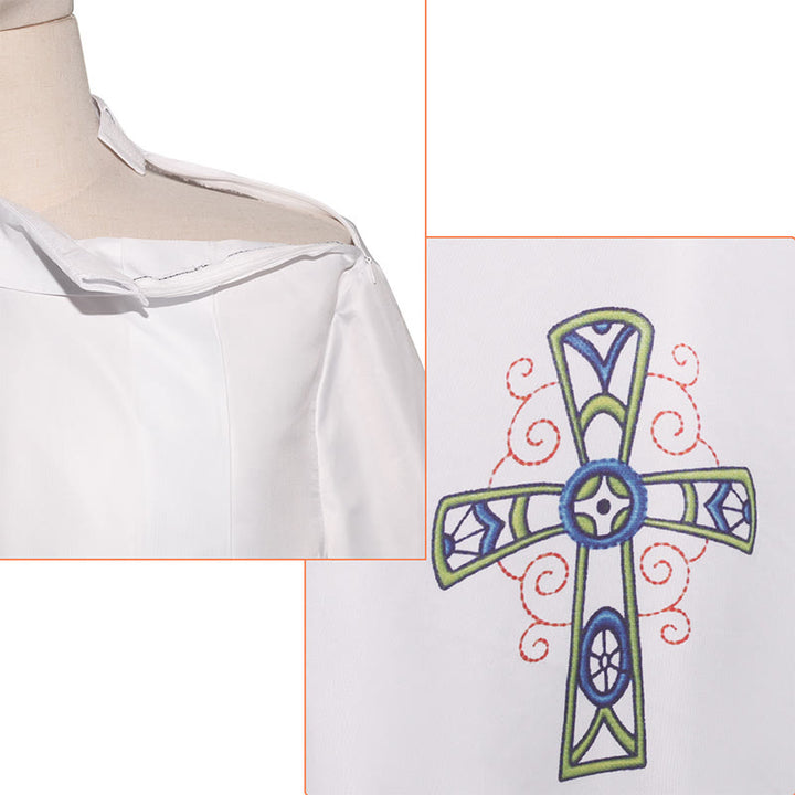 Christianartworkshop Traditionelle weiße Priesterrobe mit hohem Kragen und verziertem buntem Kreuz - image 6